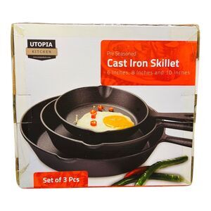 Utopia Kitchen PreSeasoned NonStick Cast Iron Skillet 3 Pc Set 6" 8” 10” Cabin